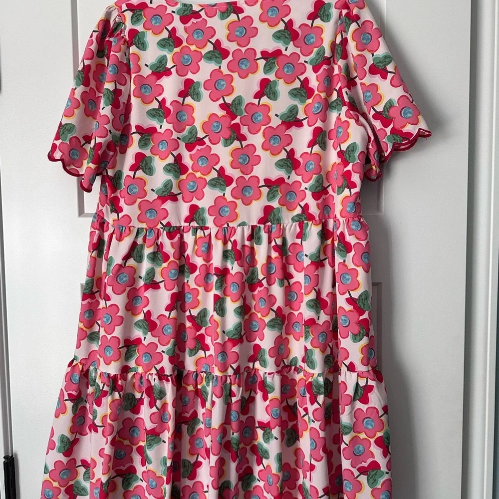 JODIFL Pink Floral Mini Dress with Green Leaves and Blue Centers - Picture 4 of 4